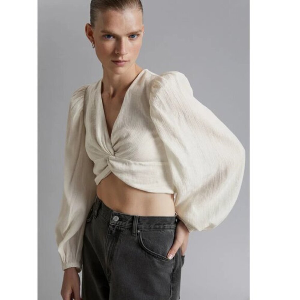 & Other Stories Twist-Front Blouse Ivory Crinkled XS